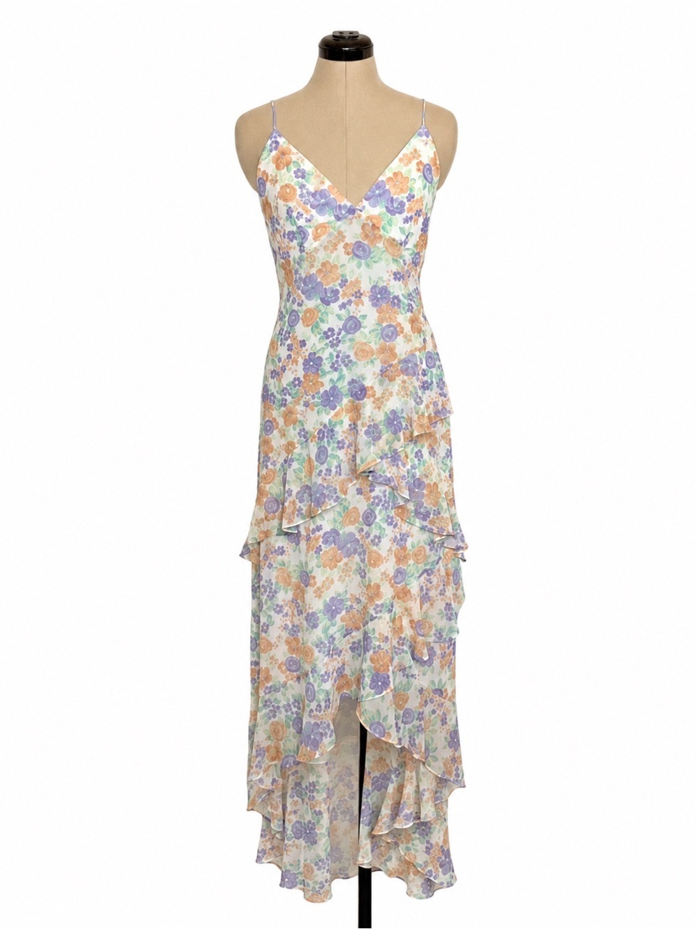 WAYF Floral V-Neck Ruffle Maxi Dress in Pastel Bouquet Size Medium
